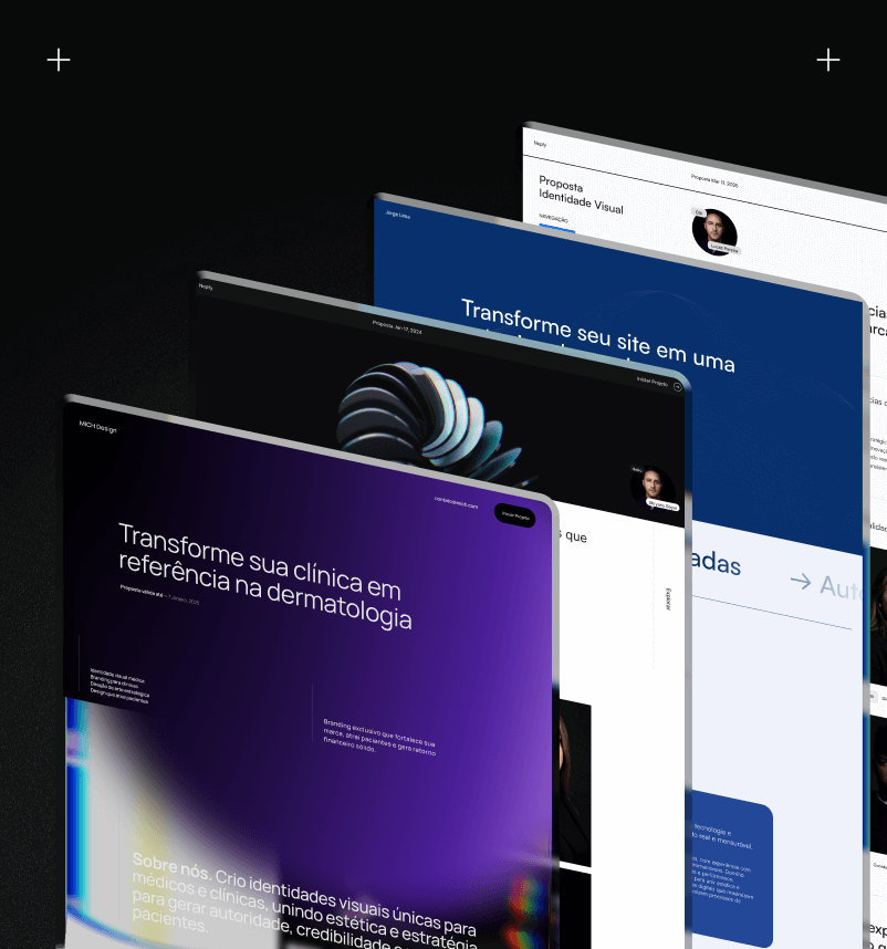 Layered website mockups showing a dermatology clinic branding proposal with purple and blue color themes and a 3D abstract shape.