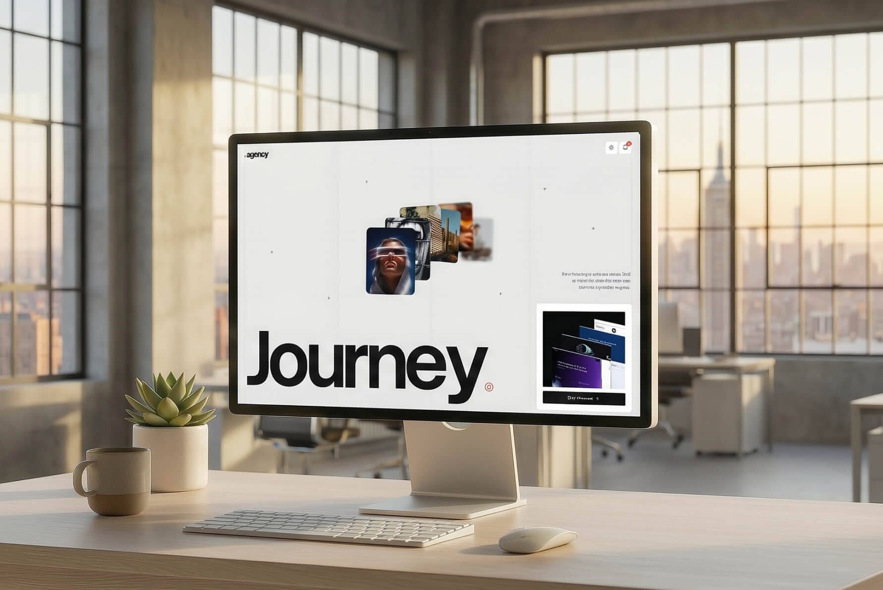 Modern office desk with a computer monitor displaying the word 'Journey' and a series of floating images, with a succulent plant and coffee cup beside a keyboard and mouse.