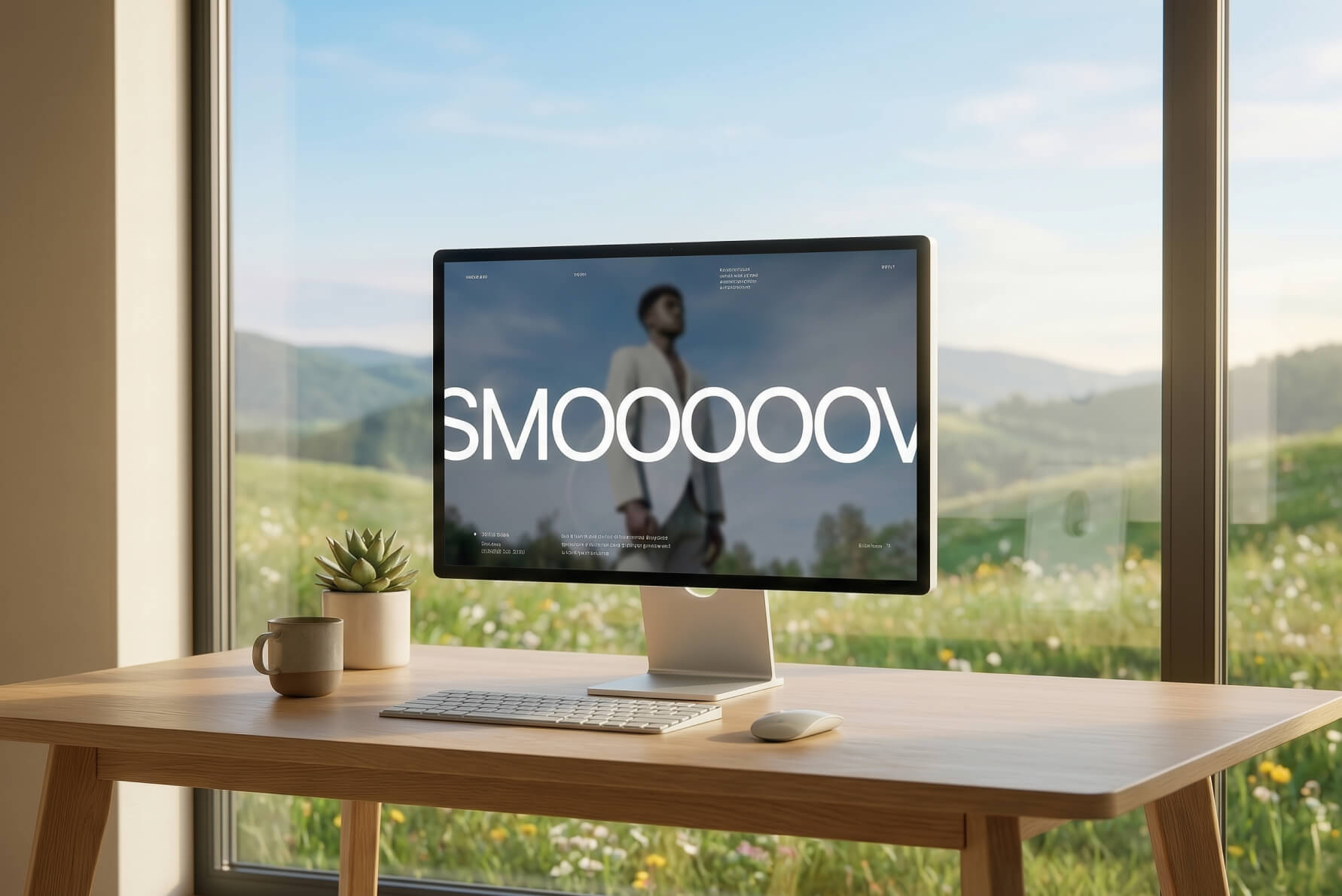 Modern computer on wooden desk with keyboard, mouse, and a potted succulent near large window overlooking green hills.